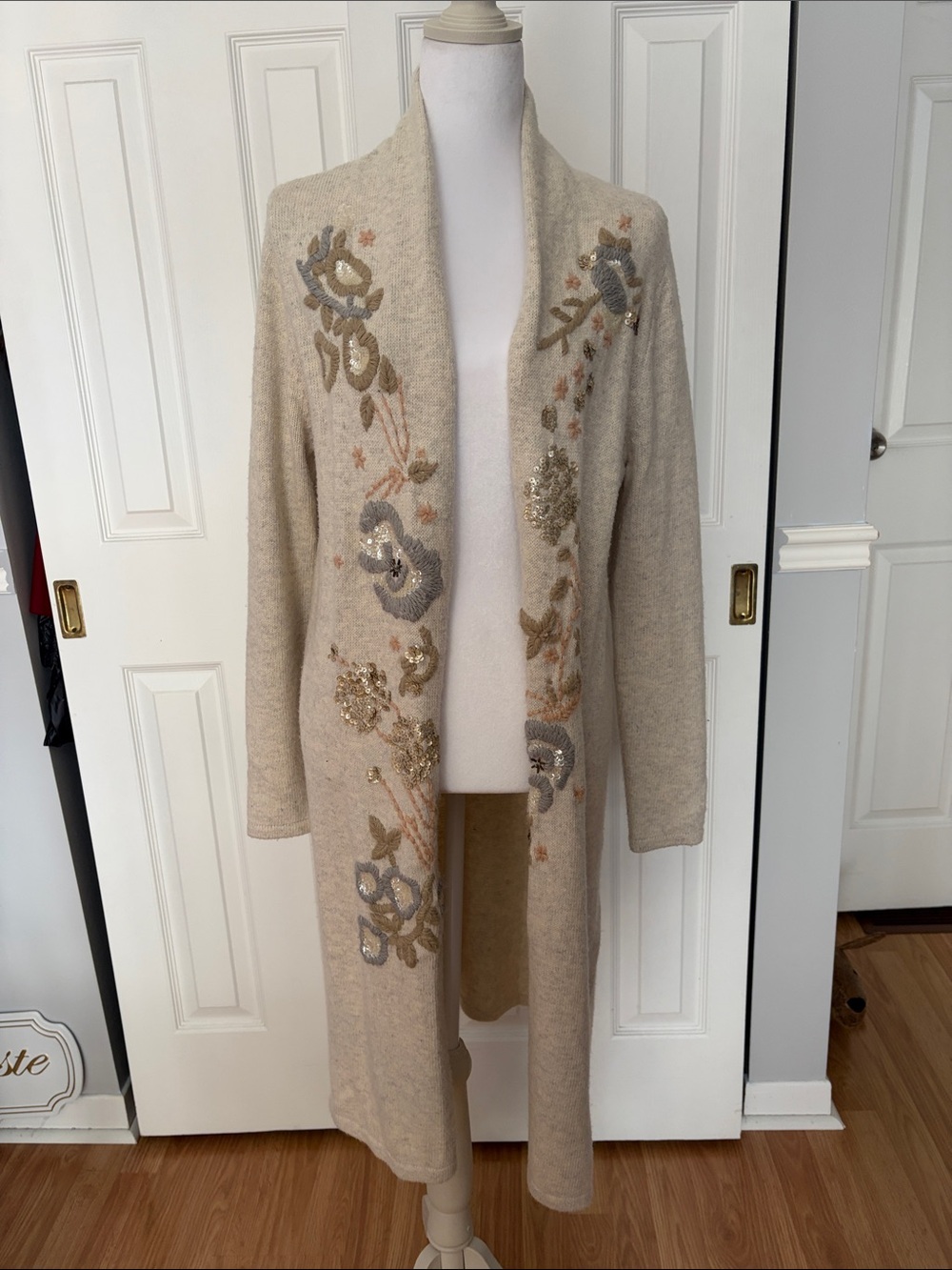 Chicos Embroidered and Beaded Long Open Front Cardigan- Cream